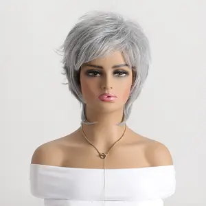 Wig rambut sintetis abu-abu wig pendek alami Wig tahan panas untuk wanita ola