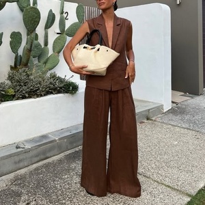 Conjunto de Lino 100% para Mujer, Estilo Otoñal, Chaleco con Cuello en V, Pantalones Anchos de Cintura Alta, Dos Piezas - Product Image 2