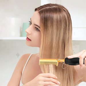 Peine Eléctrico de Cobre para Alisar el Cabello con Dientes de Acero Inoxidable y Cerámica Dorada para Uso en Cabello Húmedo y Seco, Herramienta de Peinado para el Hogar - Product Image 1