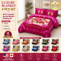 Vente en gros d'usine, ensemble de 4 couvertures en Raschel, 100% polyester, polaire épaisse, motif floral en relief, taille King, couverture d'hiver