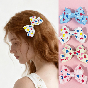 El Yapımı Kalp Baskılı Fiyonk Tokalar-Polyester Malzeme Karışımı Bebek Mavisi/Beyaz/Krem/Pembe Renkli Kalpler Sevimli Saç Aksesuarları Seti - Product Image 2