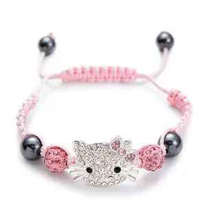 Qushine – Bracelet pour enfants, breloque de chat, strass, perles rondes en cristal, Bracelets tressés multicolores