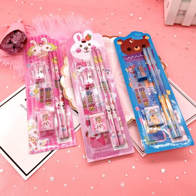 Exquisite 5 Pieces Cartoon Stationery Set Cartoon Learning Set for Primary School Prize Holiday Gift