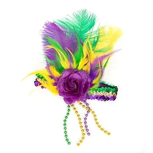 Tiara elástica de lantejoulas para Mardi Gras com flores e miçangas de penas, verde amarelo roxo de Nova Orleans