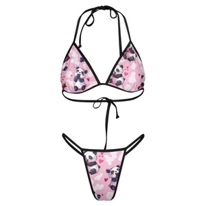 Conjunto de bikini rosa con estampado digital de panda para mujer, top halter y braga tanga, traje de baño elástico - Product Image 1