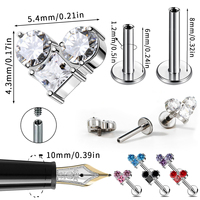 Piercing d'oreille en titane ASTM F136 avec zircone cubique taille cœur, gemme multicolore, filetage interne, dos plat, pour cartilage, hélix, tragus