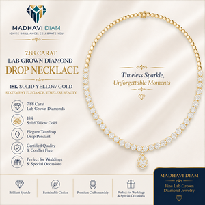 7.88 Carat Yellow Gold Round Lab Grown Diamond Drop <b>Necklace</b> in 18K Solid Gold, <b>Statement</b> Teardrop Pendant <b>Necklace</b> for Weddings - Product Image 1