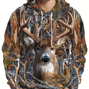 Sweat à capuche pour homme, uni, broderie 3D, pêche, camping, chasse, vêtements décontractés pour l'extérieur, lavable en machine, polyester, poches, coupe ample - Product Image 3