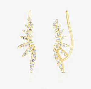 2024 New Design 14K Solid Gold Diamond Climber Earrings Curved Bar Ear Climber Earrings Jewelry For Women