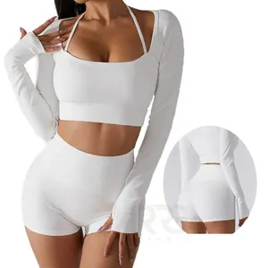 Nouveautés Short d'exercice Deuxième peau côtelé Yoga Short moulant <span class=keywords><strong>taille</strong></span> haute pour <span class=keywords><strong>femme</strong></span> - Product Image 3