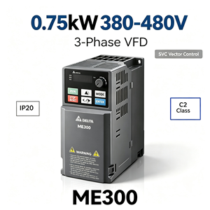 Variateur de fréquence AC d'origine neuf VFD2A7ME43AFNAA ME300 0,75 kW triphasé 400 V, contrôle vectoriel IP20 Modbus RTU pour convoyeur - Product Image 1
