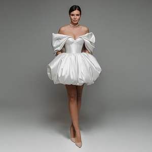 Ruolai WTH059 Vestido de Noiva Curto Sexy em Cetim Marfim Modelo Sereia com Mangas Bufantes Curtas e Ombros à Mostra - Product Image 1