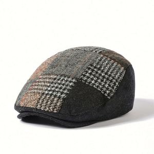 2023 Autumn Winter New Euro American British Houndstooth <b>Flat</b> Top Ivy <b>Cap</b> Ducktongue Retro <b>Mens</b> Cotton Beret Hat - Product Image 1
