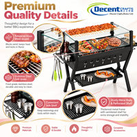 Barbecue portable au charbon de bois avec pare-vent en verre, support à brochettes, étagère latérale et aérations latérales pour camping et extérieur