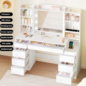 WenFeng ODM/OEM Coiffeuse moderne <span class=keywords><strong>en</strong></span> bois pour chambre d'hôtel, 47 pouces, avec éclairage LED, 8 tiroirs, miroir réglable de 20 pouces, 2 prises AC + 2 ports USB - Product Image 1