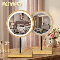 Miroir de maquillage LED en bambou écologique avec base de rangement dissimulée, rechargeable par Type-C, miroir de vanité rond pour les voyages et les dortoirs