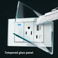 Prise murale américaine avec interrupteur, 3 prises 15A, indicateur LED IP21, universelle, en verre trempé blanc, prise thaïlandaise USB Type-C