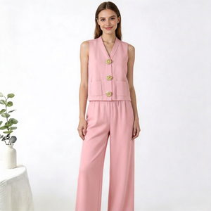Ensemble haut tricoté sans manches à col en V, couleur unie, anti-plis, avec grands boutons et pantalon large pour femme - Product Image 6