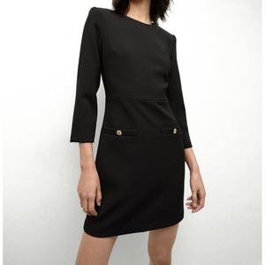 Nouvelle robe de bureau formelle de haute qualité pour femmes, à manches longues, col rond, mini-robe avec détail de poche à bouton doré - Product Image 1