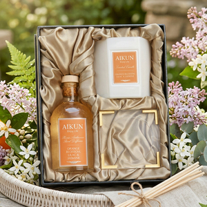 Ensemble diffuseur de parfum et bougie Aikun, livraison rapide, personnalisable, flacon rond transparent ambré 150 ml, bouchon en bois, étiquette autocollante, boîte, pour startups. - Product Image 1