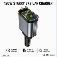 Chargeur de voiture rétractable et pliable 120W 4-en-1 avec charge rapide PD, câble de 80 cm, lumière RGB, USB C pour Android