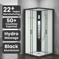 Cabine de douche hydro-massante à vapeur carrée en aluminium noir de luxe moderne avec siège brossé pour salle de bain