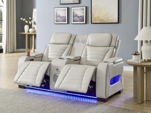 Sillón Reclinable para Cine en Casa, Asientos para Sala de Estar con Reclinación Eléctrica, Reposacabezas, Luz LED, Reposabrazos con Almacenamiento, Puerto USB y Tipo C, Beige - Product Image 6