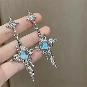 Irrégulier Liquide Métal Croix Pierre De Lune Dangle Boucles D'oreilles Jeune Fille Tendance Métal Croix Pierre De Lune Gouttes Boucles D'oreilles Bijoux En Gros