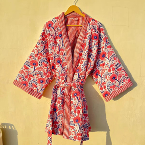 เสื้อคลุมผ้าฝ้ายพิมพ์ลายบล็อกทำมือ ลายดอกไม้ แจ็คเก็ตกิโมโนฤดูหนาว สีเบจ แต่งขอบลายทาง สไตล์โบฮีเมียน เสื้อผ้าผู้หญิง ไซส์เดียว - Product Image 1