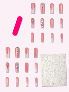 24pcs Long ABS Pipe Pattern Nail Simple White French & Gradient avec Sparkling Diamond Square Style Application Trends Fake Nail - Product Image 5