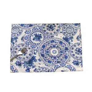 Mode bleu blanc imprimé Double face Style japonais coton tapis de table en gros napperon