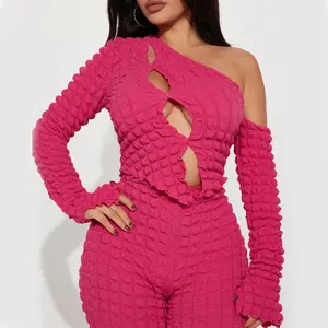 New Design Asymmetric Neckline 1 Shoulder Sexy Top And Skinny Pants 2 Pieces Set Popcorn Knit Fabric Fuchsia Club Suits
