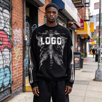 T-shirt Homme Personnalisé OEM/ODM en Maille Gaufrée Surdimensionnée 300 Grammes, Manches Longues, Imprimé Crâne Côtelé, Style Gothique Urbain, Personnalisation du Logo Disponible