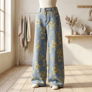 <strong>Yellow</strong> Floral Print Wide Leg <strong>Jeans</strong> High Waist Light Wash Denim Pants Vintage Summer <strong>Women</strong> - Product Image 4