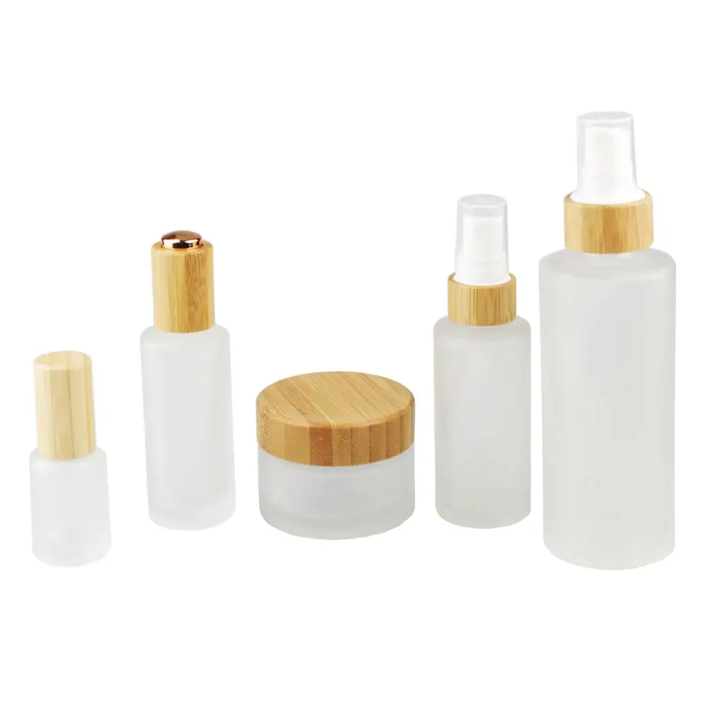 Bamboo Series Frost Glass Cosmetic Cream Jar Dropper Bottle Lotion Spray Nail Polish Glass Bottle with Bamboo Cap Lid