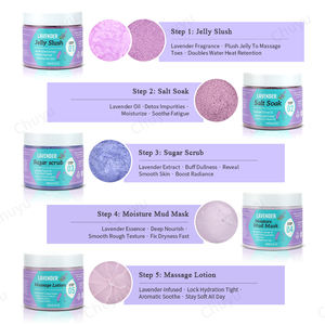 Kit de soins pour les pieds à l'<span class=keywords><strong>huile</strong></span> <span class=keywords><strong>essentielle</strong></span> de <span class=keywords><strong>lavande</strong></span>-Ensemble SPA en 5 étapes avec calmant, exfoliant et hydratant pour des pieds rafraîchis et soyeux - Product Image 4