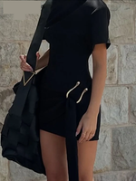 Robe Courte Femme Sexy à Col Rond, Style Cache-Cœur, Unie Noire, Tricotée Respirante, Manches Courtes, Idéale pour le Bureau ou les Occasions Décontractées Estivales