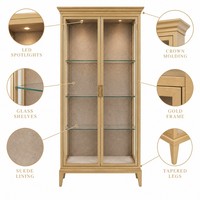 Vitrine en verre dorée sur mesure avec 2 portes, étagères en verre et éclairage LED pour bijouterie, vente en gros