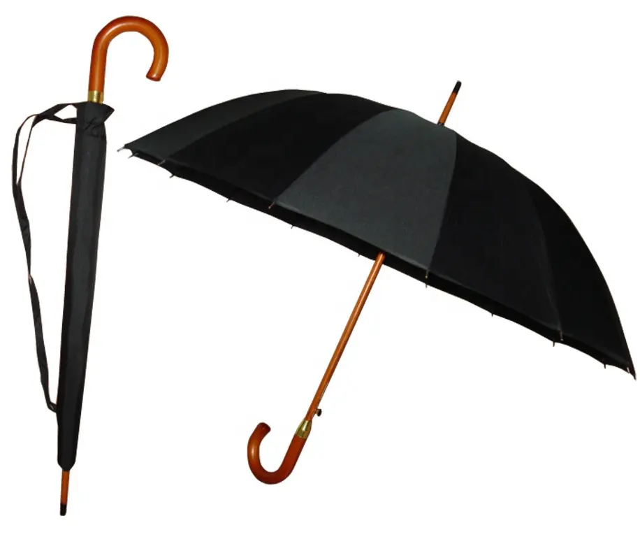 25 אינץ 16 צלעות חצי אוטומטי שחור צבע עץ ידית Mens מטרייה