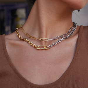 Collar de cadena con bloques de color dorado y plateado, con colgante de corazón y circonita, joyería de moda, regalo para mujer - Product Image 2