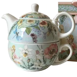 Bán buôn tùy chỉnh decal in Nordic sứ Ấm Trà Hoa Tea Pot trắng gốm Tea Cup Set cho một với Hộp quà tặng