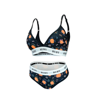 Ensemble de lingerie assorti avec soutien-gorge triangle à imprimé graphique de dessin animé mignon et culotte taille haute, bande jacquard avec logo, ensemble de soutien-gorge de sport