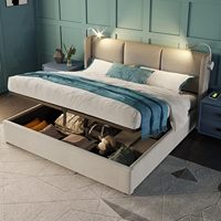 Lit de chambre moderne avec base de lit LED USB, tête de lit, lattes doubles, espace de rangement, rembourré pour 2 personnes (sans matelas)