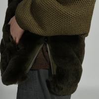 Jxwatcher Lässige Damen Langarm-Pelzweste Gehäkelte Wollstrickjacke für Frauen Winter Echter Rex-Kaninchenfellkragen Damenpullover