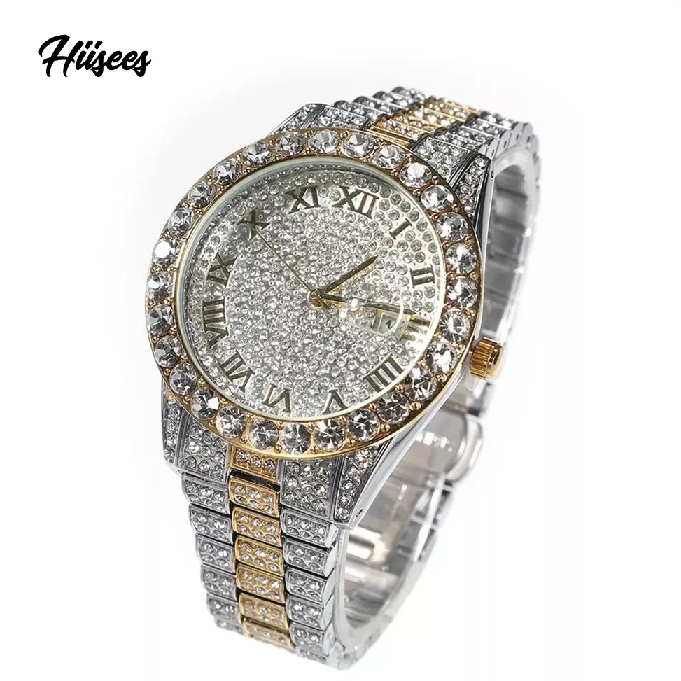 Wholesale Women Alloy Watches Full Diamond Quartz Silver Plated Wrist Watches Waterproof Large Dial Hip Hop Watches