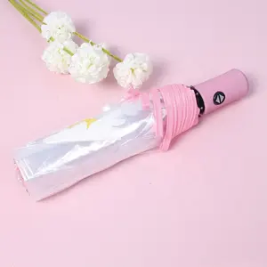 Paraguas transparente plegable pequeño y fresco con mango de color, paraguas de PVC con logotipo personalizado para mujer