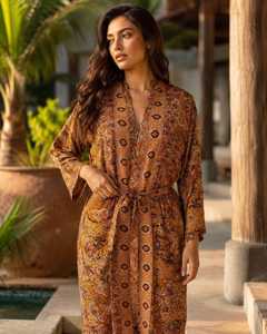 Bata de seda bohemia para mujer con estampado paisley, kimono largo floral, estilo A, lavable, ligera, para descansar, para vacaciones en resort, tipo pareo bohemio - Product Image 6