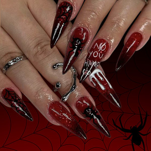 RTS 24 pièces Faux Ongles d'Halloween Rouge Noir Pailleté Dégradé Effet Sang de Araignée Graffiti Lettres Prix de Gros - Product Image 1