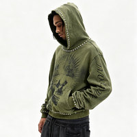 Sweat à capuche zippé pour homme, coupe oversize et ample, court, imprimé DTG, délavé à l'acide, vert délavé soleil, orné de strass, collection automne