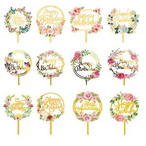 Various Birthday Party Anniversary Cake Decorations Gold Flower Acrylic Happy Birthday Cake Toppers